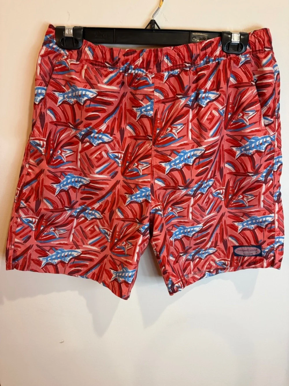 Vineyard Vines Red Tropical Fish Print Swim Trunks (mesh liner removed), Boys 16
